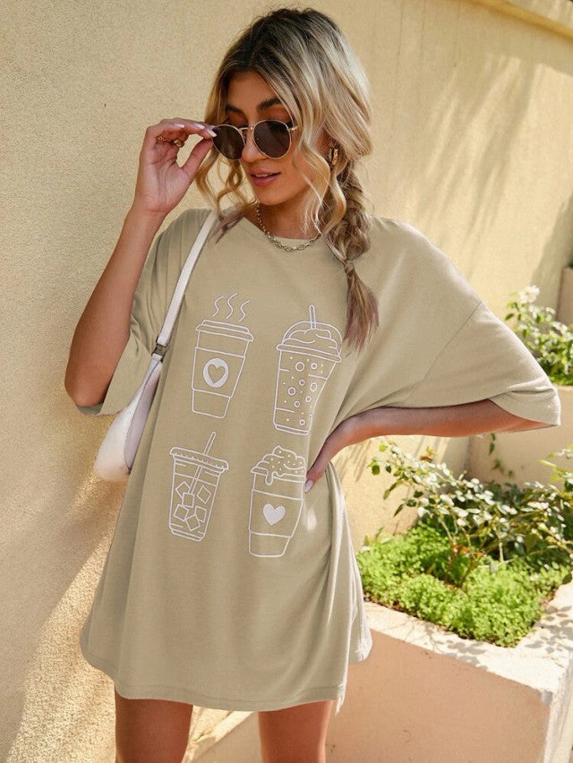 Fifth Avenue DIFT550 Boyfriend Oversized Fit Coffee Printed Womens T-Shirt - Cream