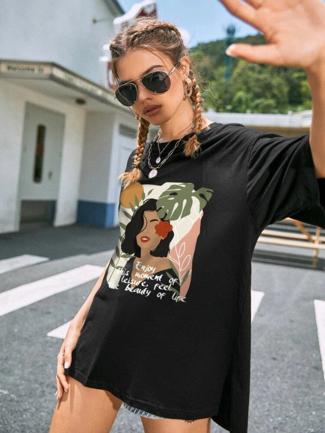 Fifth Avenue DIFT563 Boyfriend Oversized Fit Figure Printed Womens T-Shirt - Black