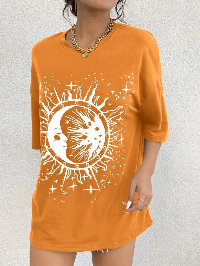 Fifth Avenue DIFT554 Boyfriend Oversized Fit Sun Printed Womens T-Shirt - Orange