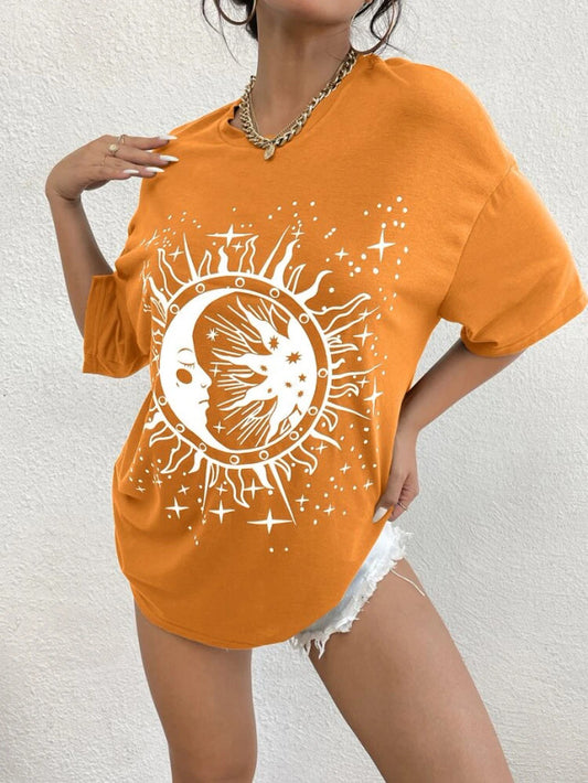 Fifth Avenue DIFT554 Boyfriend Oversized Fit Sun Printed Womens T-Shirt - Orange