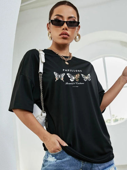 Fifth Avenue DIFT560 Boyfriend Oversized Fit Butterflies Printed Womens T-Shirt - Black