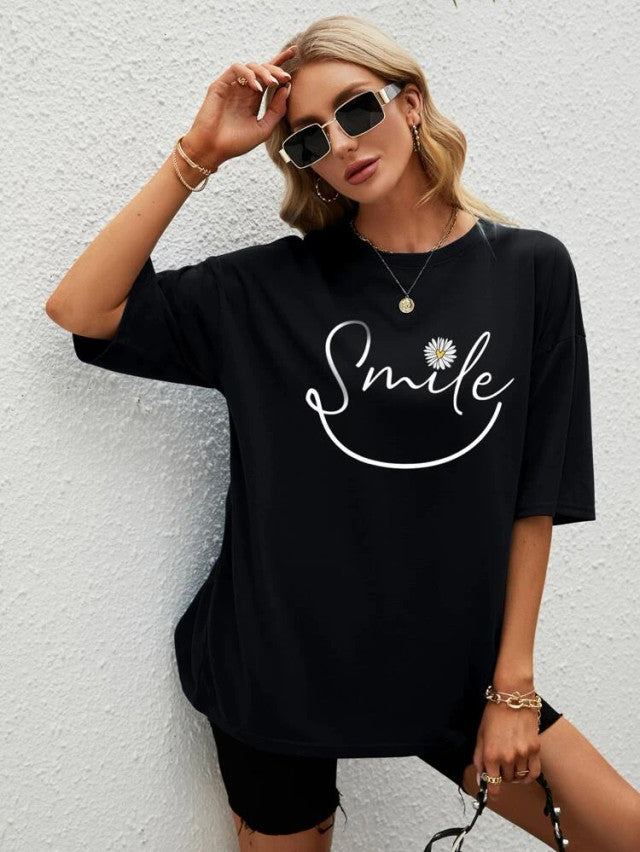 Fifth Avenue DIFT571 Boyfriend Oversized Fit Smile Printed Womens T-Shirt Black