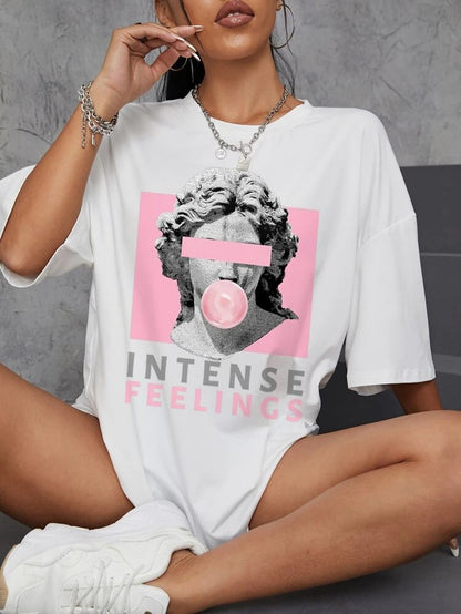 Fifth Avenue DIFT569 Boyfriend Oversized Fit Intense Feelings Printed Womens T-Shirt White