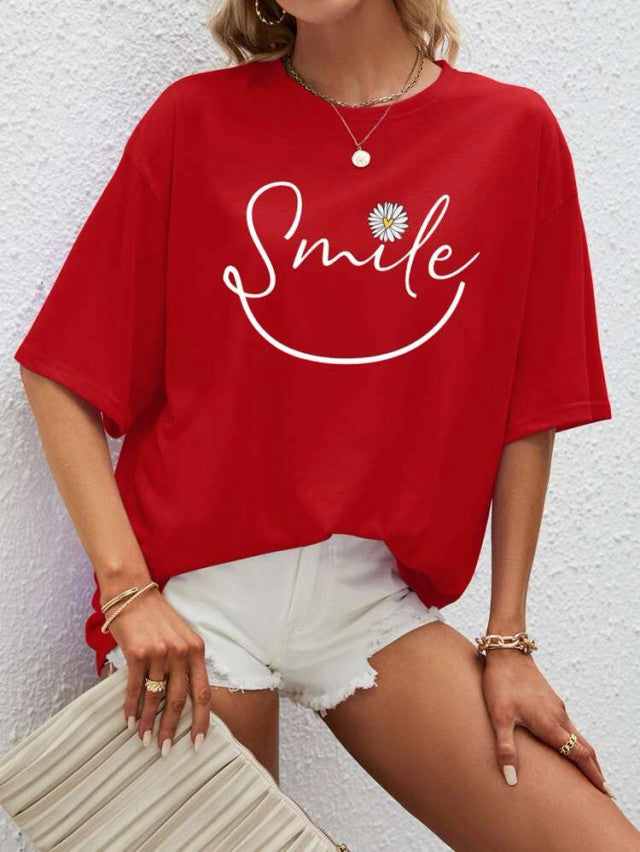 Fifth Avenue DIFT571 Boyfriend Oversized Fit Smile Printed Womens T-Shirt Red