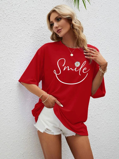 Fifth Avenue DIFT571 Boyfriend Oversized Fit Smile Printed Womens T-Shirt Red