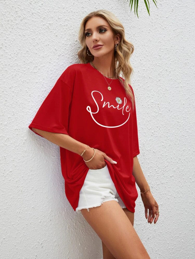 Fifth Avenue DIFT571 Boyfriend Oversized Fit Smile Printed Womens T-Shirt Red