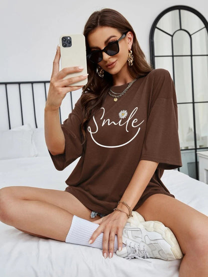 Fifth Avenue DIFT571 Boyfriend Oversized Fit Smile Printed Womens T-Shirt Brown