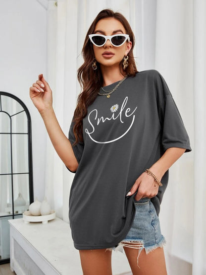 Fifth Avenue DIFT571 Boyfriend Oversized Fit Smile Printed Womens T-Shirt Charcoal