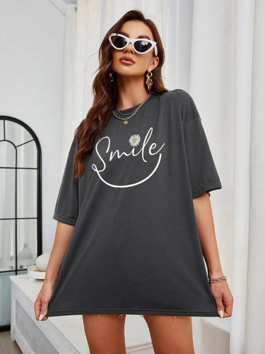 Fifth Avenue DIFT571 Boyfriend Oversized Fit Smile Printed Womens T-Shirt Charcoal