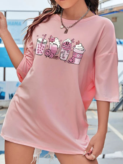 Fifth Avenue DIFT811 Boyfriend Oversized Fit Coffee Printed Womens T-Shirt - Pink