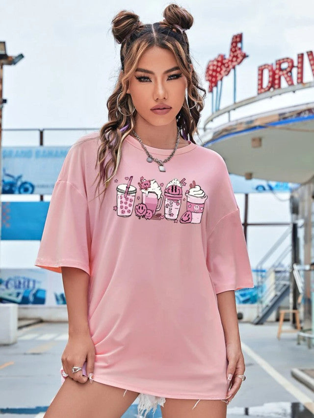 Fifth Avenue DIFT811 Boyfriend Oversized Fit Coffee Printed Womens T-Shirt - Pink