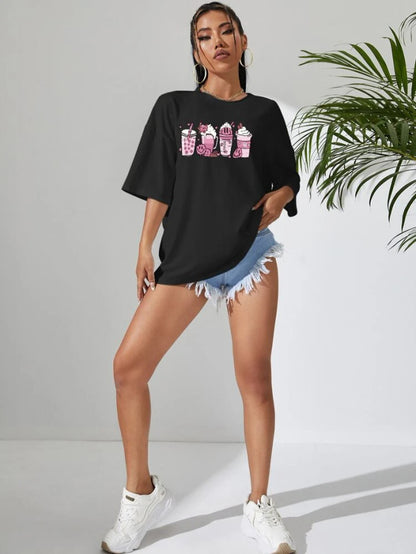 Fifth Avenue DIFT811 Boyfriend Oversized Fit Coffee Printed Womens T-Shirt Black