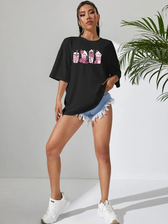 Fifth Avenue DIFT811 Boyfriend Oversized Fit Coffee Printed Womens T-Shirt Black