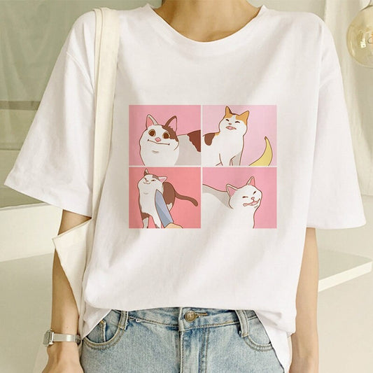 Fifth Avenue DIFT566 Boyfriend Oversized Fit Cat Printed Womens T-Shirt - White