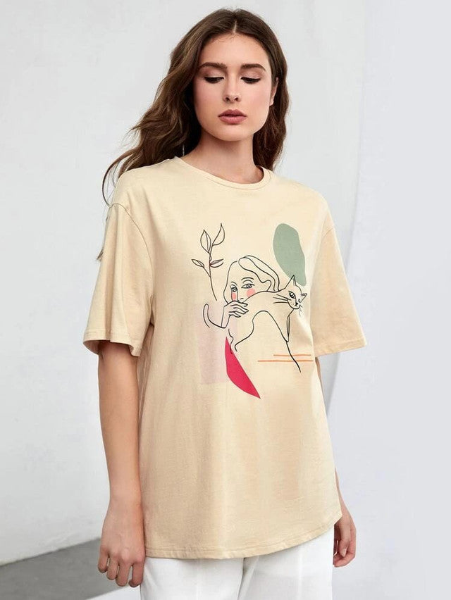 Fifth Avenue DIFT565 Boyfriend Oversized Fit Figure Printed Womens T-Shirt Cream