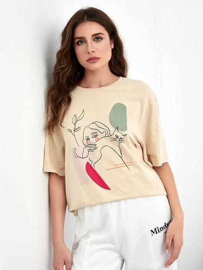 Fifth Avenue DIFT565 Boyfriend Oversized Fit Figure Printed Womens T-Shirt Cream