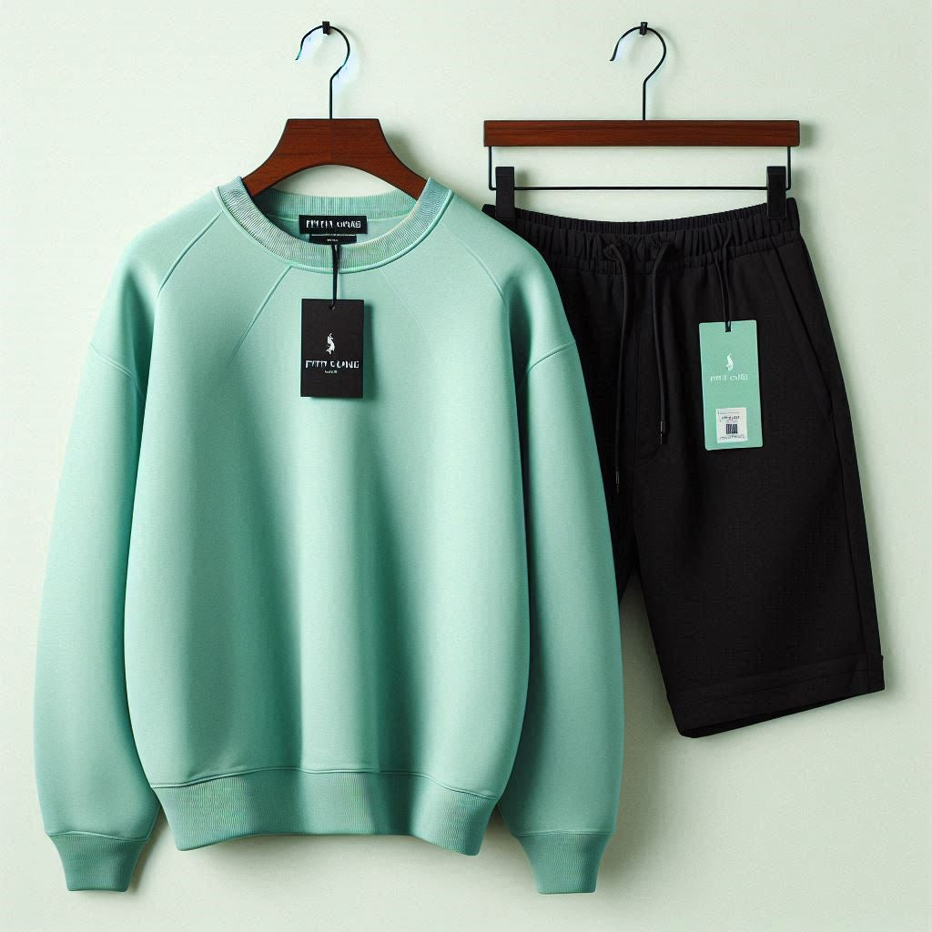 Mens Sweatshirt and Shorts Plain Co Ord Set by Fifth Avenue FAMSWSHS - Mint Green Black