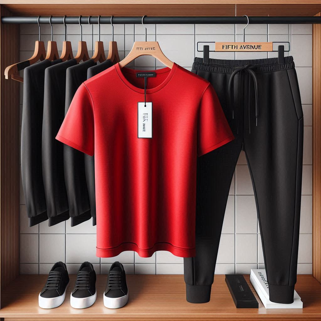 Mens Summer T-Shirt and Pants Plain Co Ord Set by Fifth Avenue FAMPPTCS - Red Black