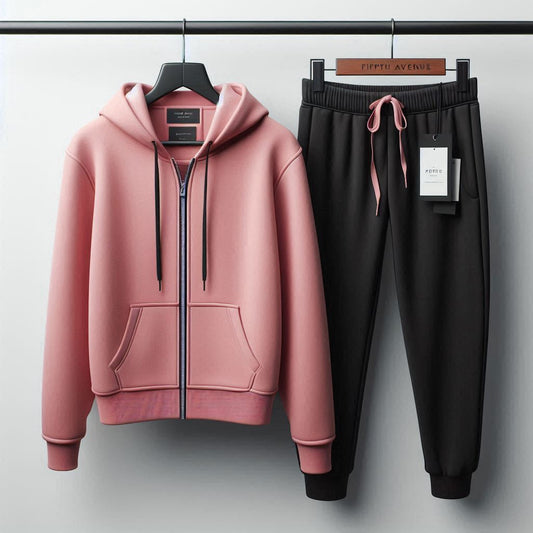 Fifth Avenue Womens Zip Plain Hoodie and Pants Set FAWZIPHPS1 - Pink Black