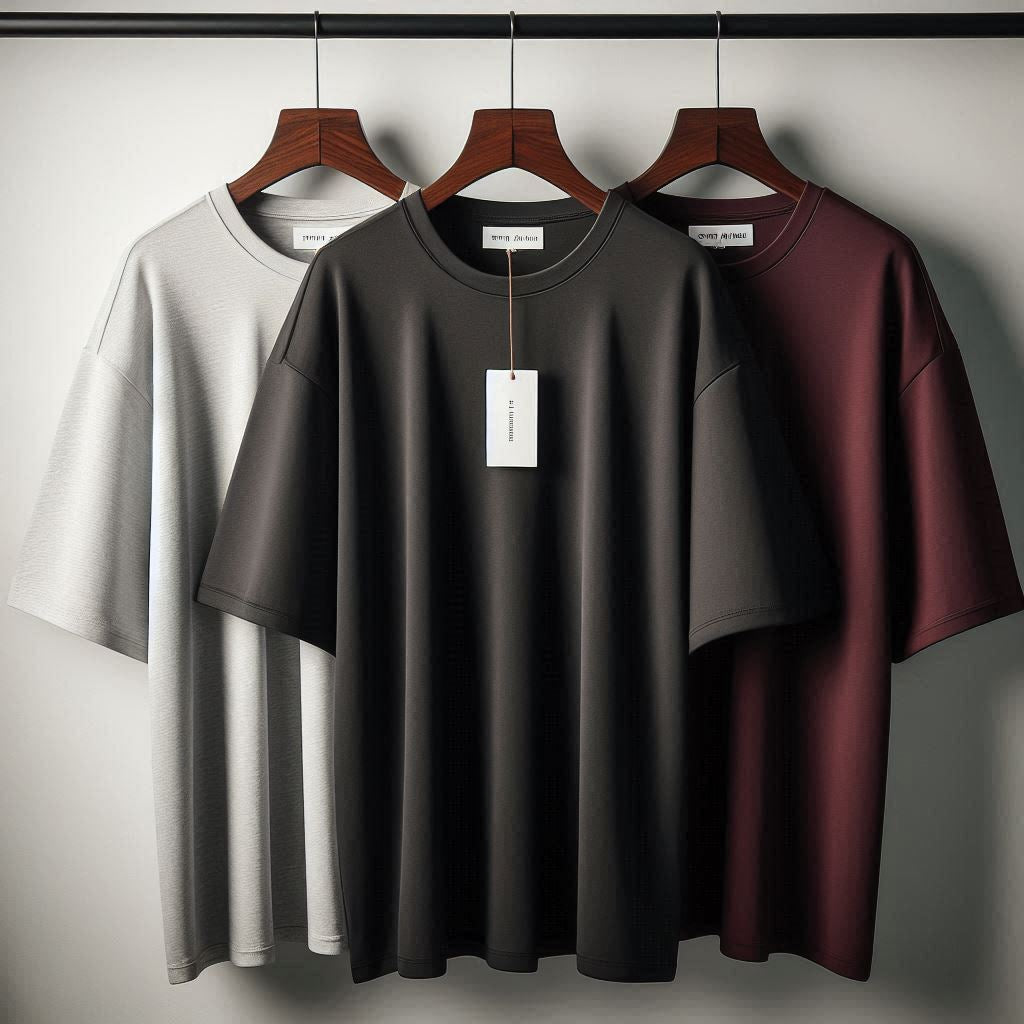 Fifth Avenue Pack of 3 Mens Plain Drop Shoulder Oversized Grey Maroon Black T-Shirts FAMTSB32