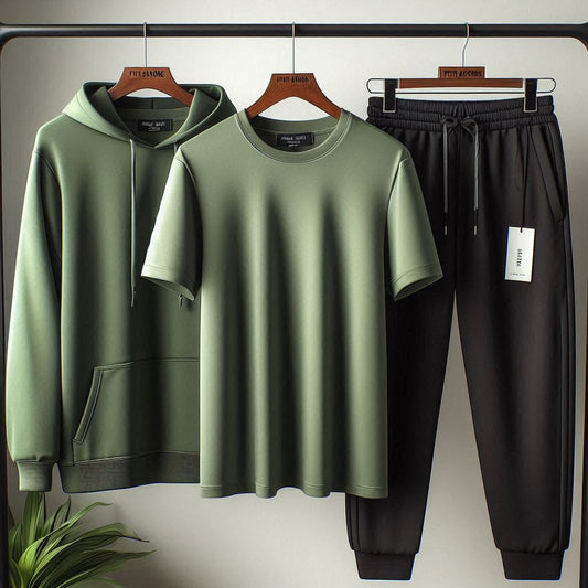 Mens Summer T-Shirt and Pants Plain Co Ord Set by Fifth Avenue FAMPPTCS - Olive Green Black