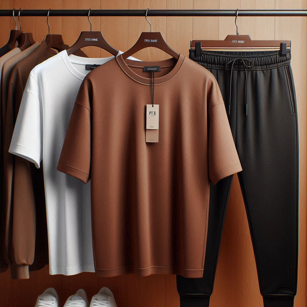 Mens Summer Oversized Drop Shoulder T-Shirt and Pants Plain Co Ord Set by Fifth Avenue FAMPOSTCS - Brown Black