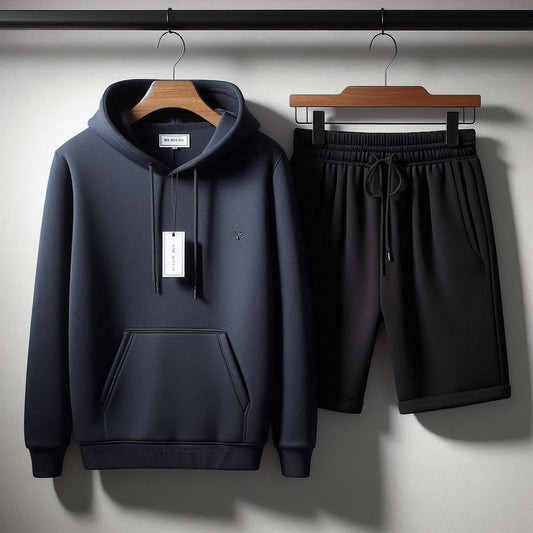 Mens Hoodie and Shorts Plain Co Ord Set by Fifth Avenue FAMHOOSHS - Navy Blue Black