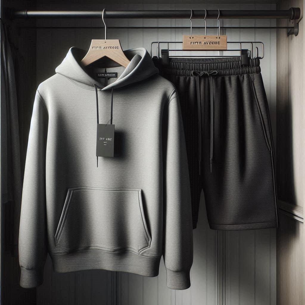 Mens Hoodie and Shorts Plain Co Ord Set by Fifth Avenue FAMHOOSHS - Grey Black