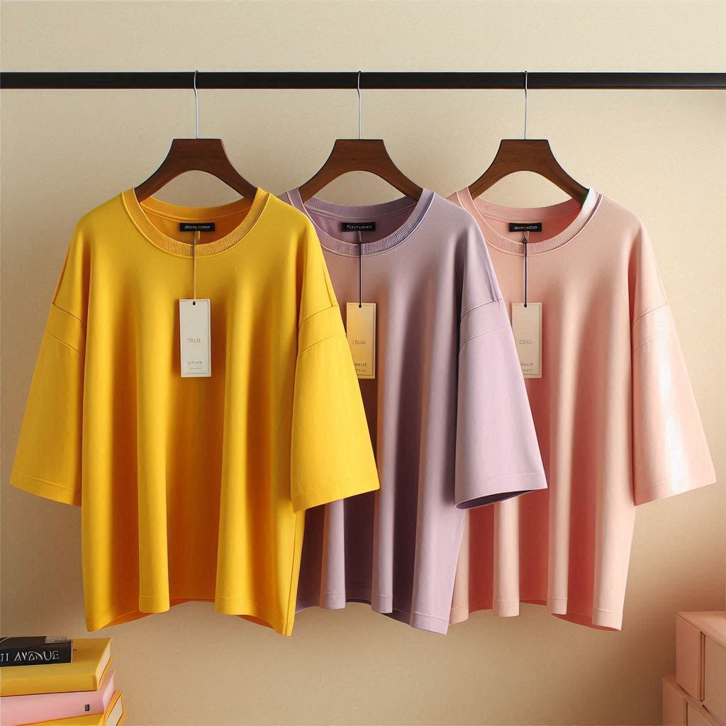 Fifth Avenue Pack of 3 Womens Plain Drop Shoulder Oversized Purple Yellow Pink T-Shirts FAWNDSO4