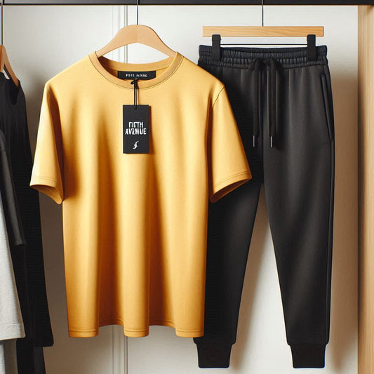 Mens Summer T-Shirt and Pants Plain Co Ord Set by Fifth Avenue FAMPPTCS - Yellow Black