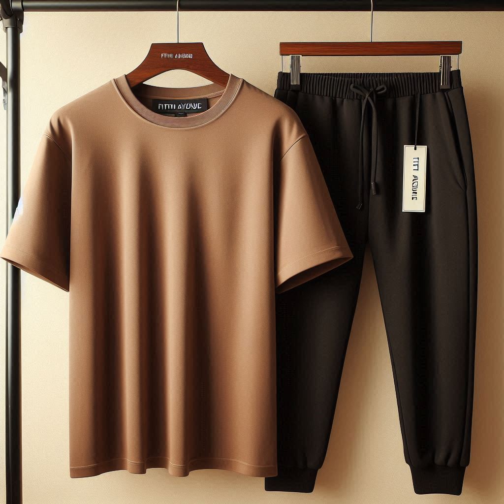 Mens Summer T-Shirt and Pants Plain Co Ord Set by Fifth Avenue FAMPPTCS - Brown Black