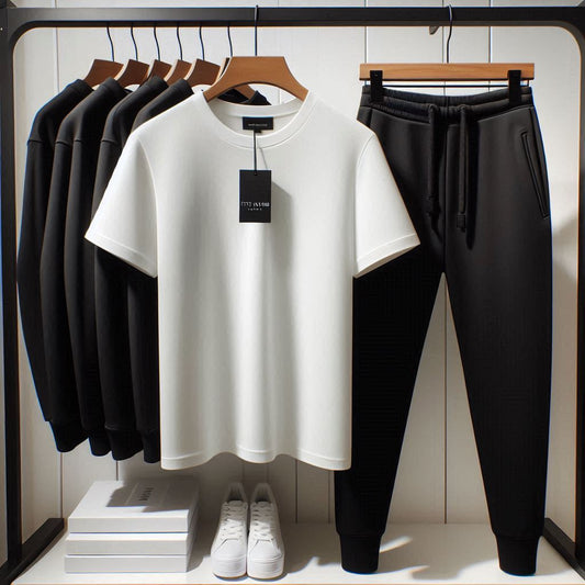 Mens Summer T-Shirt and Pants Plain Co Ord Set by Fifth Avenue FAMPPTCS - White Black