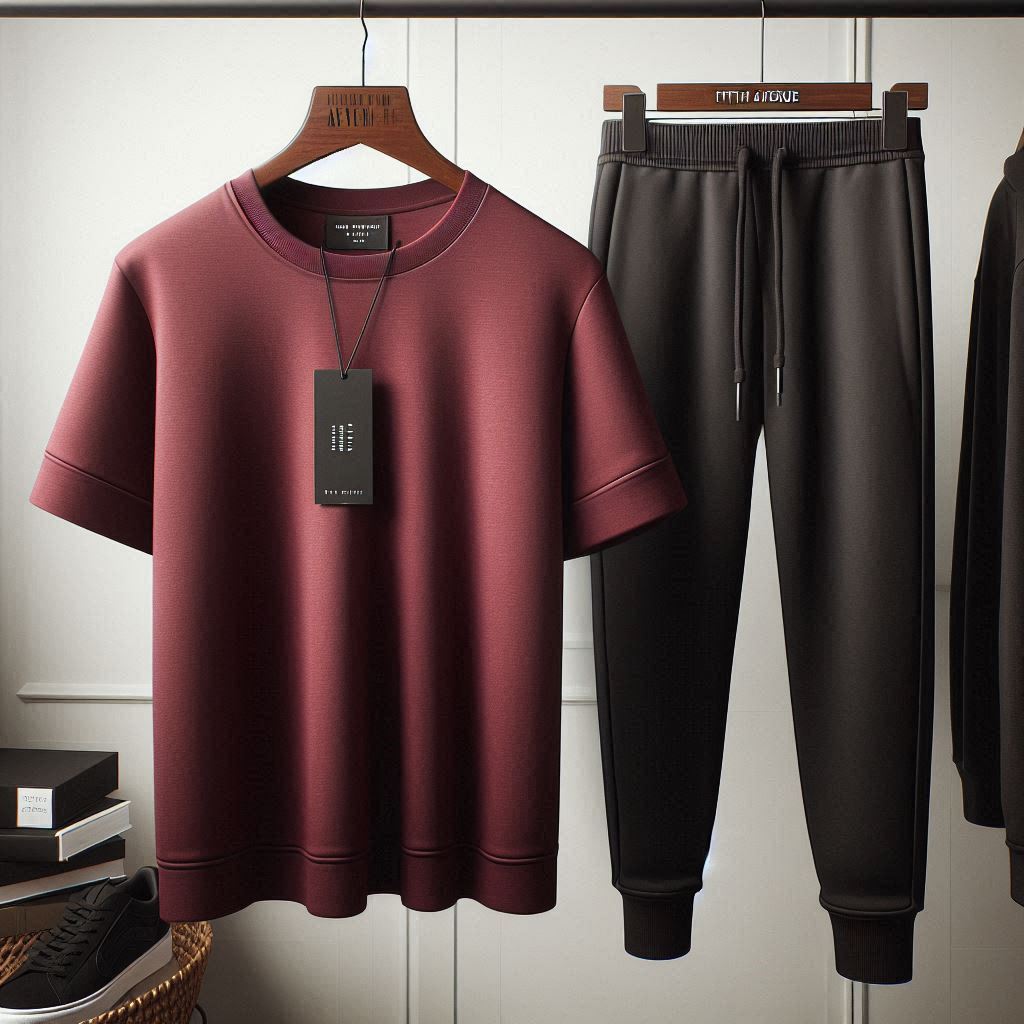 Mens Summer T-Shirt and Pants Plain Co Ord Set by Fifth Avenue FAMPPTCS - Maroon Black