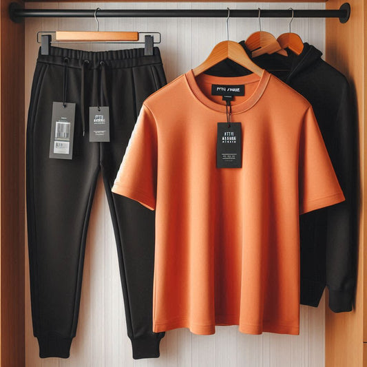 Mens Summer T-Shirt and Pants Plain Co Ord Set by Fifth Avenue FAMPPTCS - Orange Black