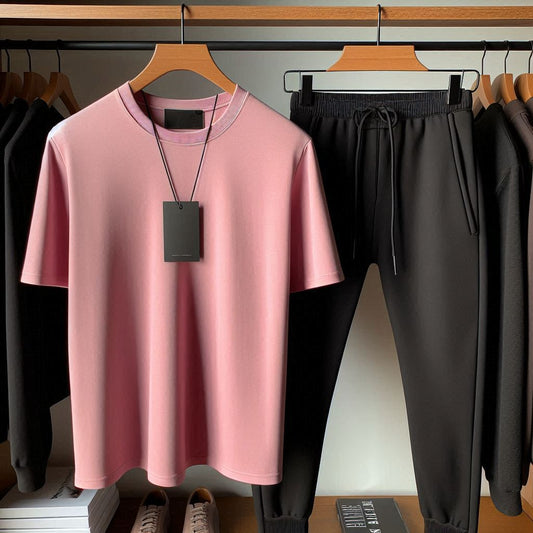 Mens Summer T-Shirt and Pants Plain Co Ord Set by Fifth Avenue FAMPPTCS - Pink Black