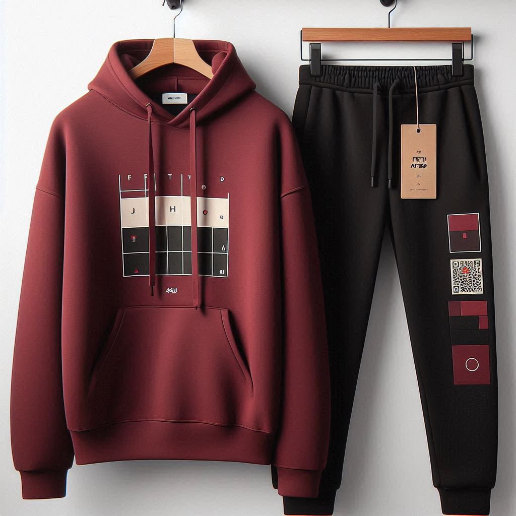 Mens Hoodie and Pants Printed Co Ord Set by Fifth Avenue FAMHOOPRPS7 - Maroon Black