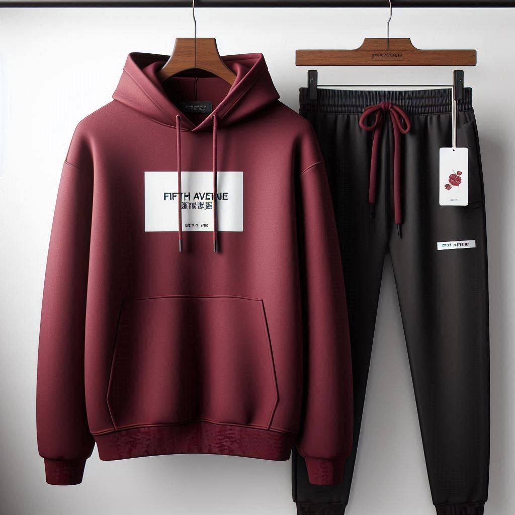 Mens Hoodie and Pants Printed Co Ord Set by Fifth Avenue FAMHOOPRPS15 - Maroon Black