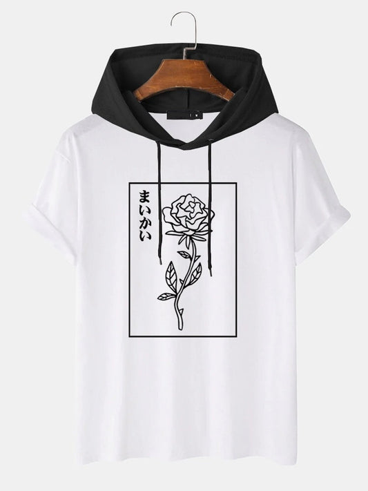 Fifth Avenue Floral Text Print MIFT449 Hooded ROKA T-Shirt - White Black