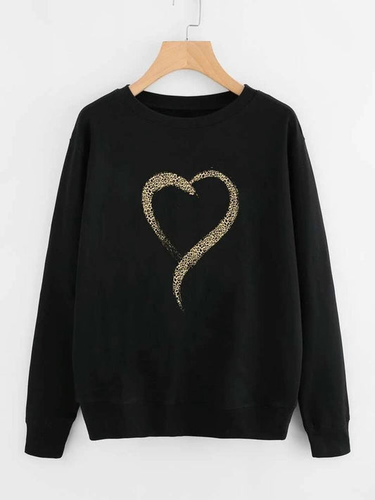 Fifth Avenue DIFT231 Leopard Heart Printed Sweatshirt - Black