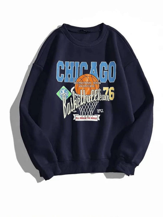 Fifth Avenue DIFT258 Chicago Basketball Printed Sweatshirt - Navy Blue