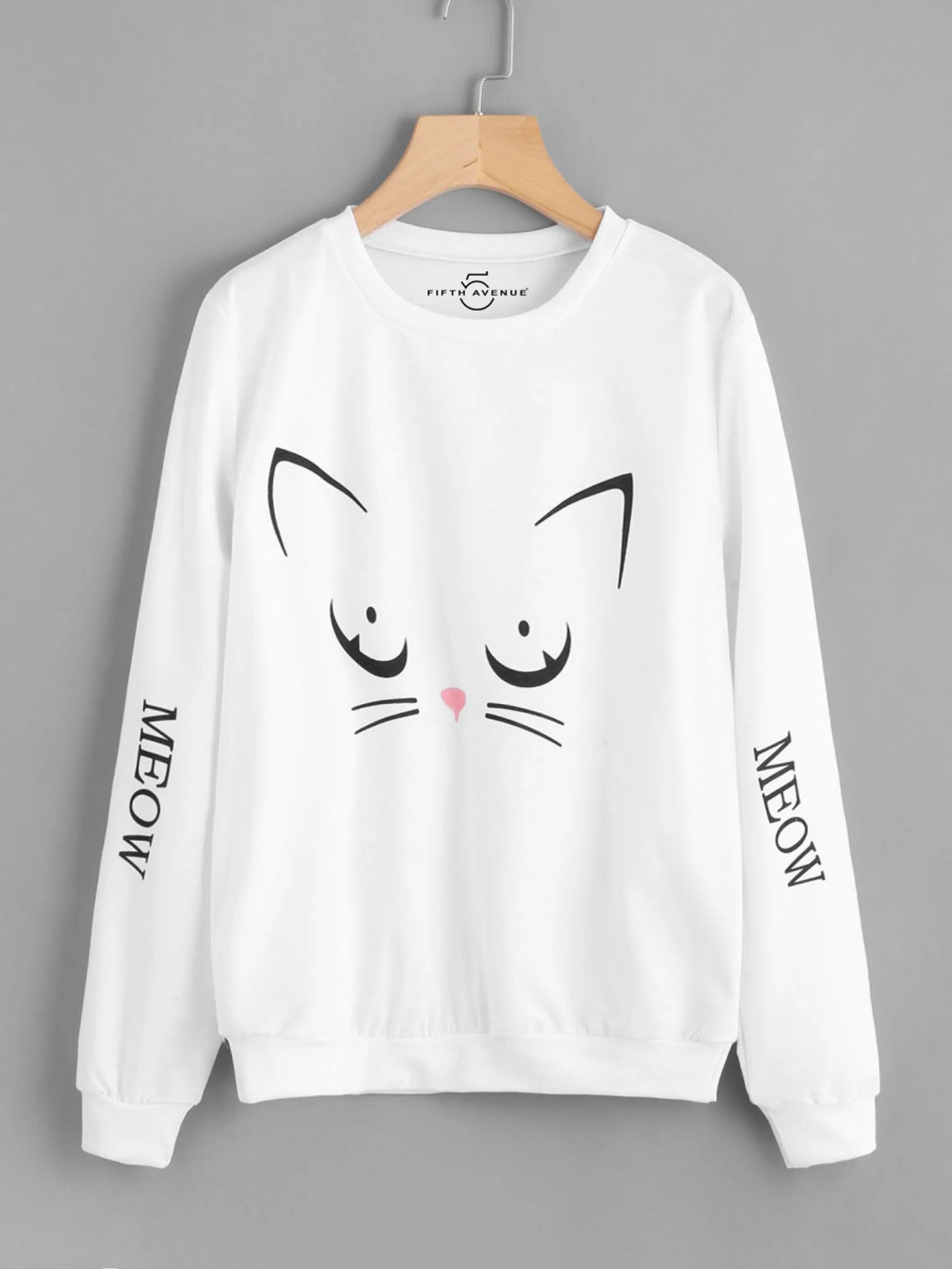 Fifth Avenue Angry Cat Meow Sleeves Printed Sweatshirt - White