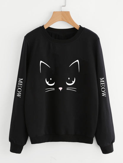 Fifth Avenue Angry Cat Meow Sleeves Printed Sweatshirt - Black