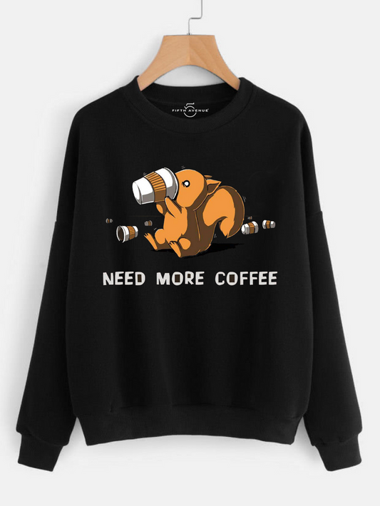 Fifth Avenue Need More Coffee Squirrel Printed Sweatshirt - Black